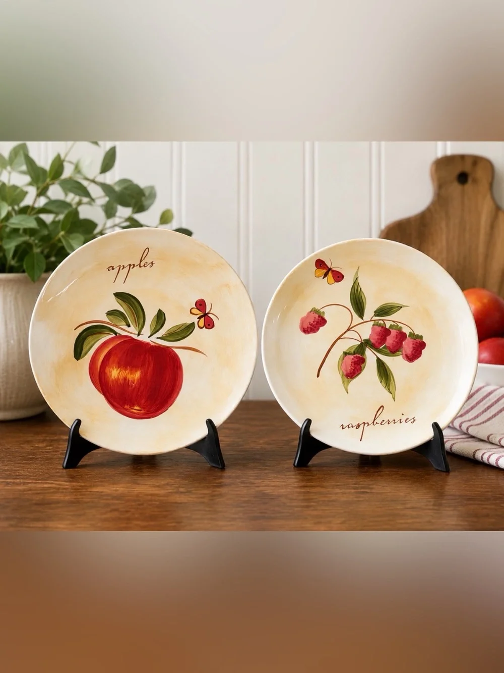 Pier 1 Hand-Painted Fruit Salad Plates Set of 2 – Apples & Raspberries – 8”
